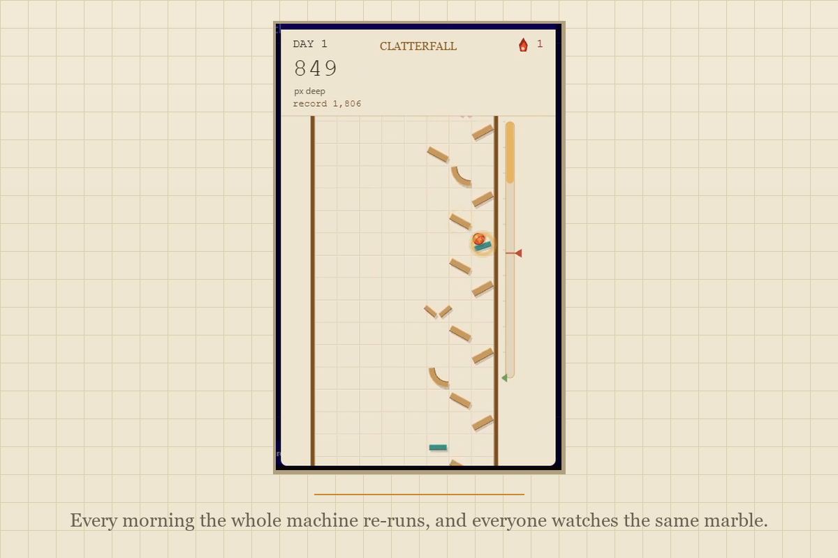 Clatterfall: One Marble, One Subreddit, One Shared Run a Day, One Machine Nobody Can Build Alone