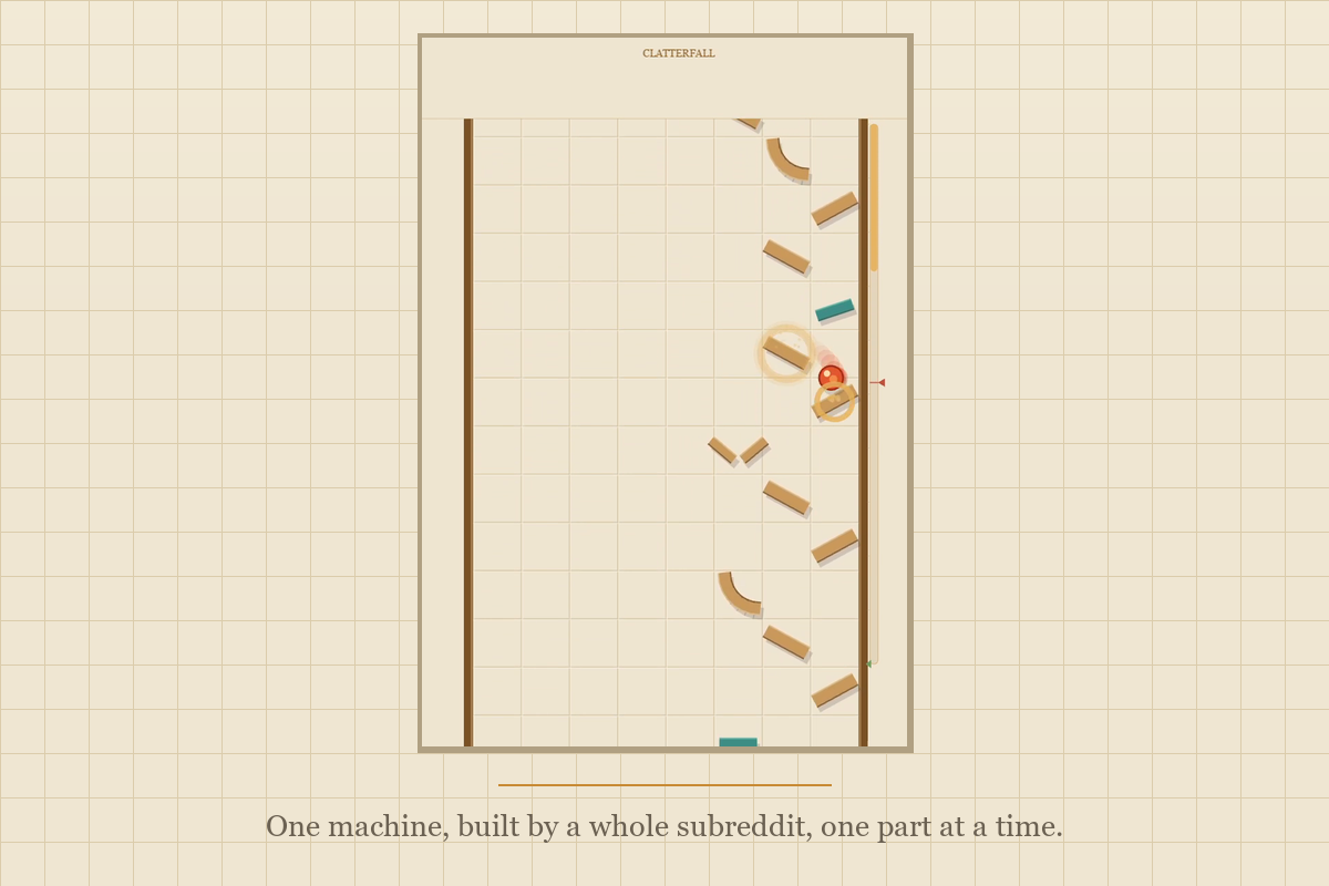 The full machine seen from a wider zoom: dozens of parts placed by different redditors form a deliberate 2D contraption of ramps, chutes, bouncers, and funnels descending across the board