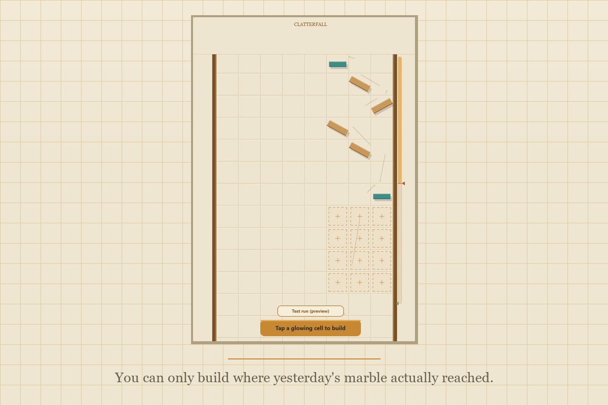The build view showing the frontier as a pulsing highlighted set of cells hugging the marble's actual path from the previous run, with the rest of the board dimmed and unbuildable