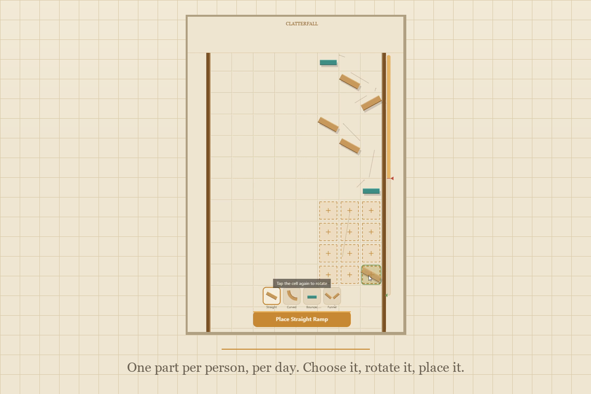 The palette overlay showing the four static parts (Straight Ramp, Curved Chute, Bouncer, Funnel), the tap-rotate control, and a 'you have one part today' scarcity indicator with the placement countdown