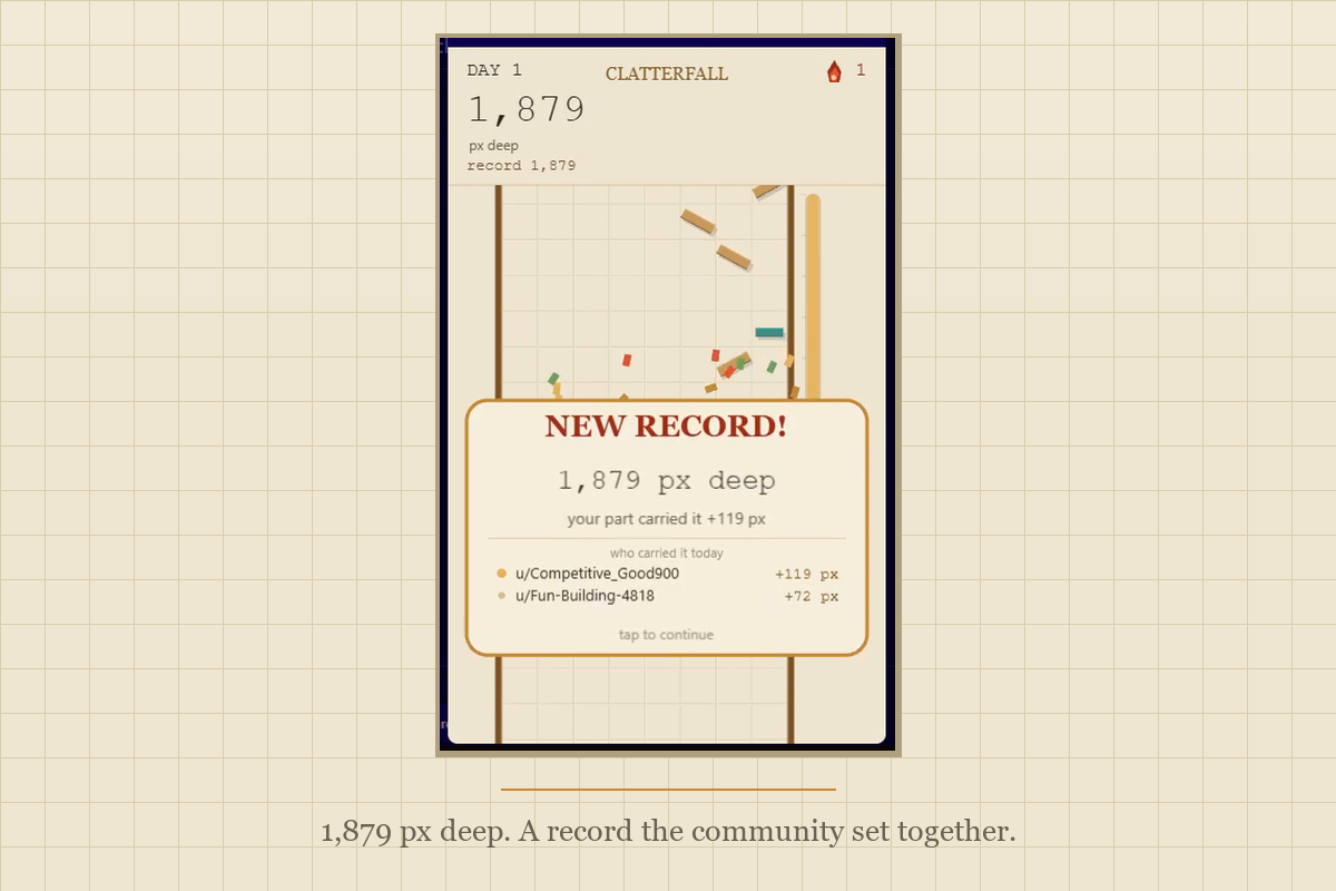 The NEW RECORD resolution: the marble has passed the previous record pin on the ruler, the camera has zoomed in during a slow-mo moment, confetti is falling, and the depth number is highlighted