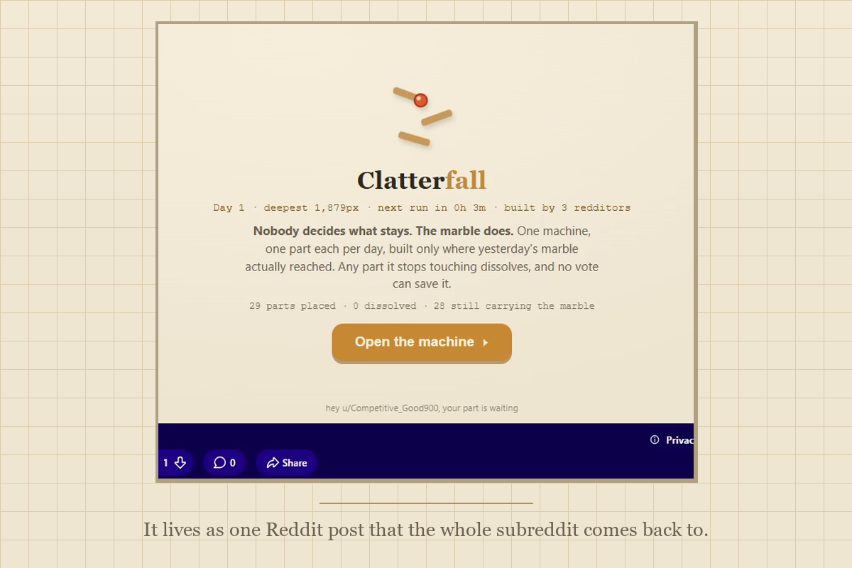 The Reddit feed card view of a Clatterfall post: title, current day counter, deepest px, next-run countdown, and a preview of the machine, hand-written HTML plus one inline SVG, no Phaser needed at the feed layer