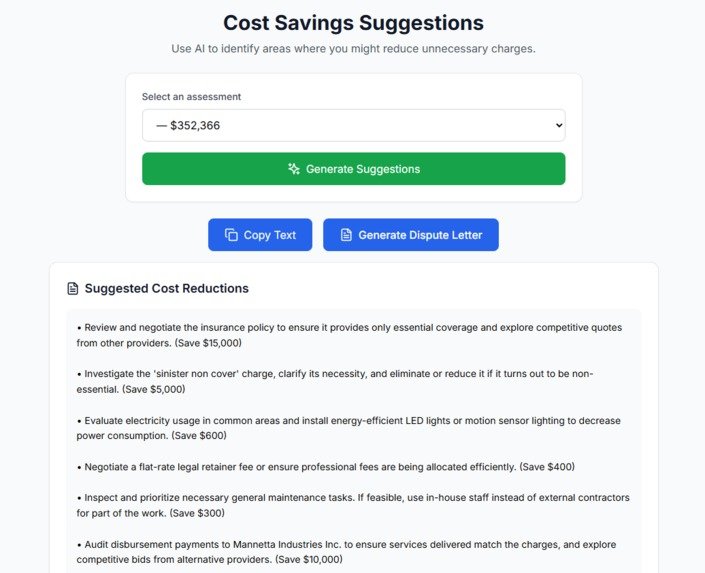 Cost-saving suggestions view with itemized recommendations and projected annual savings.