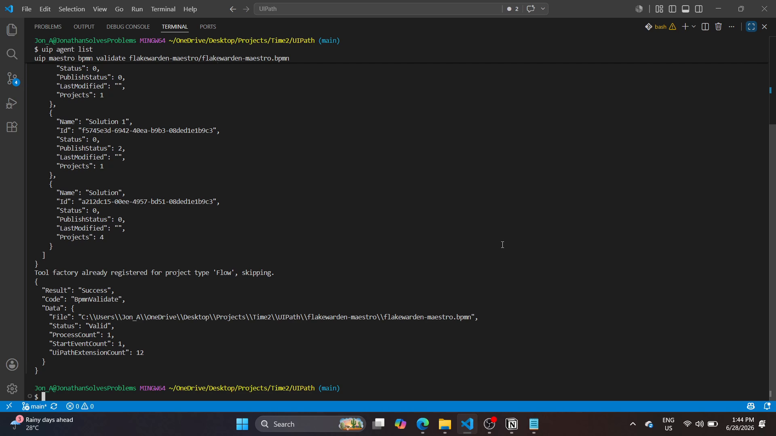 Terminal showing Claude Code driving the uip CLI: package, publish, deploy commands running against the UiPath Automation Cloud tenant