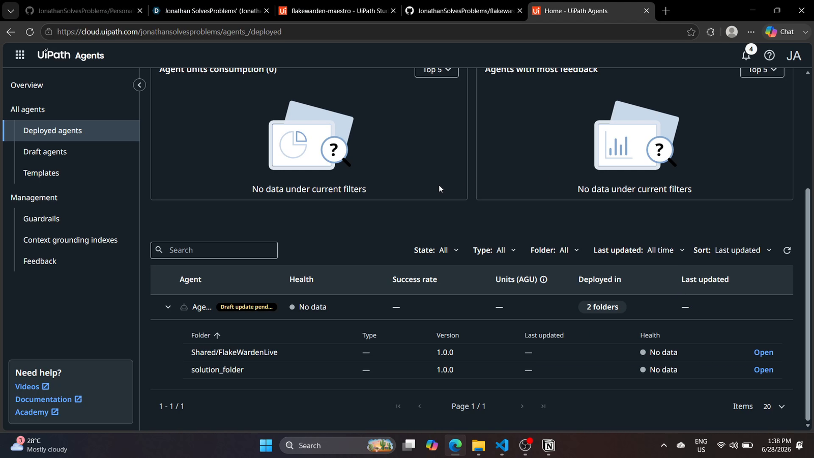 UiPath Orchestrator processes page showing FlakeWarden solution package published v1.0.0 and deployed as an Orchestrator process named Solution.1.agent.Agent