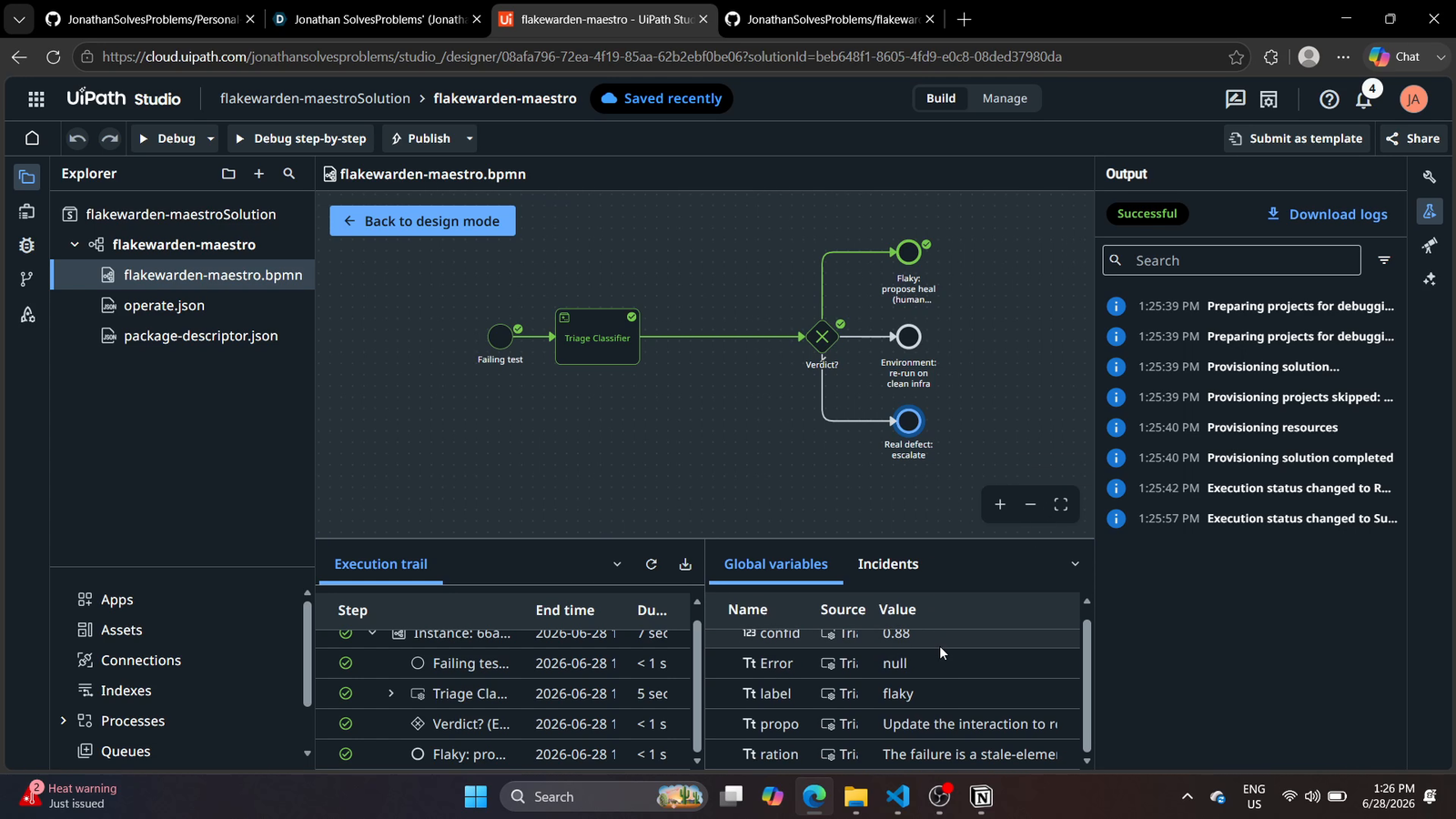 Maestro process run trace showing the path taken by an ambiguous failure: scorer escalation → agent classifier returning a flaky verdict → routing into the human-gated heal branch with the proposed fix attached