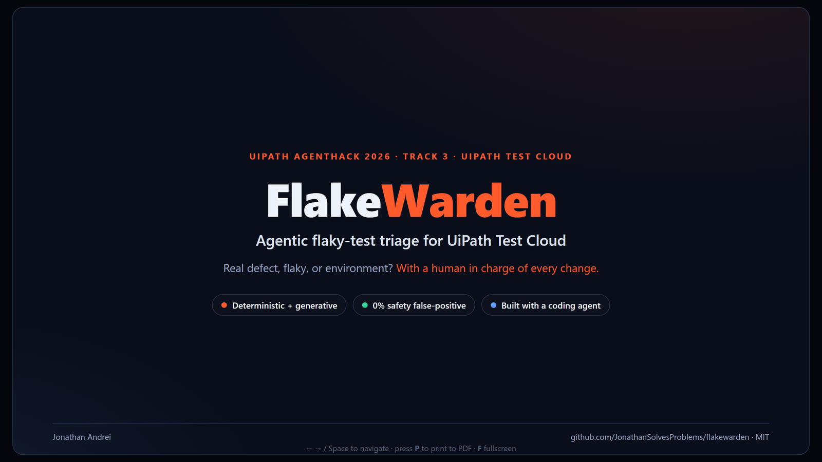FlakeWarden: 90.7% Accuracy and a 0% Safety False-Positive Rate on Flaky-Test Triage, on UiPath Maestro