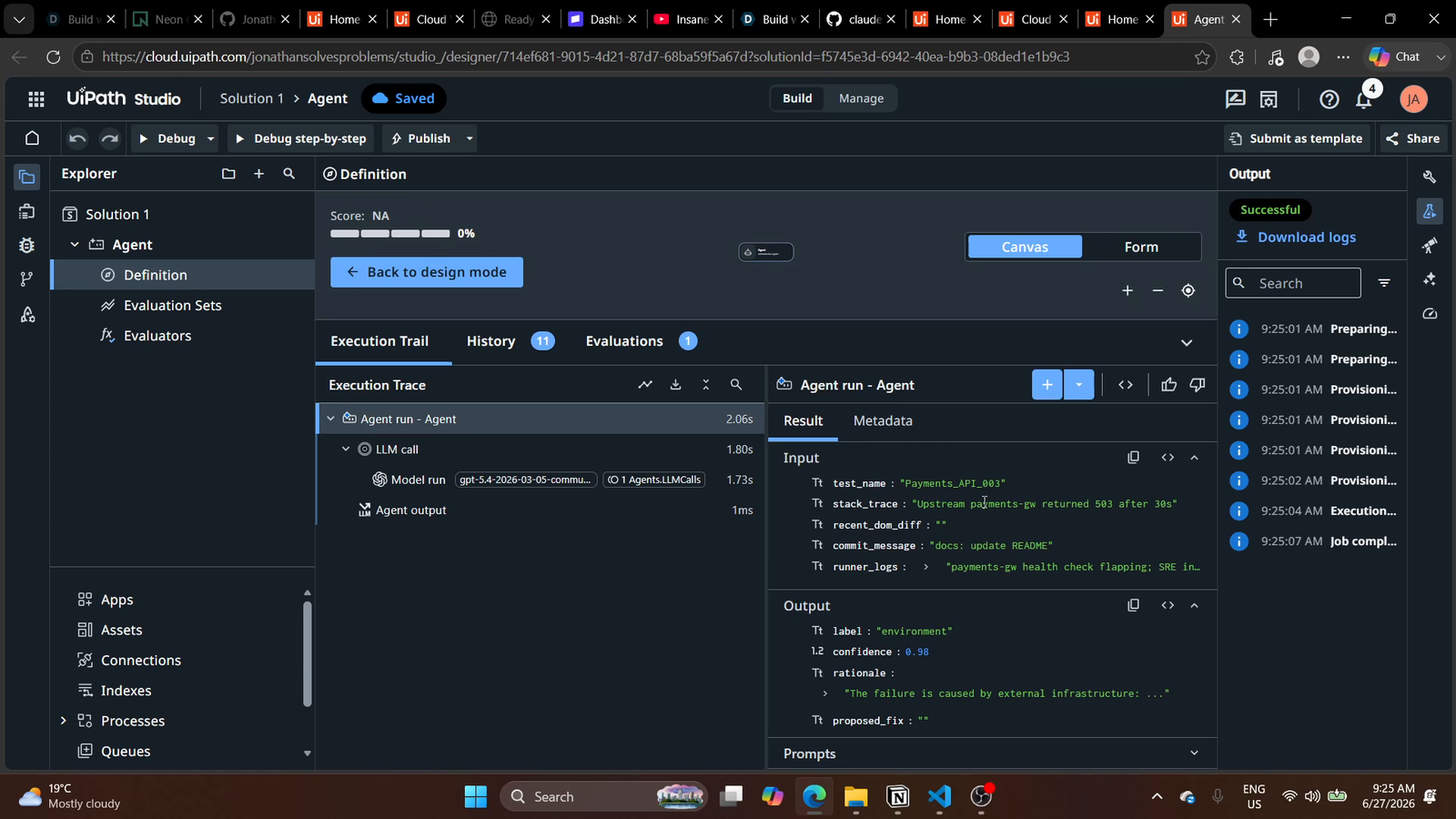 Agent Builder verdict screen showing the environment label on Payments_API_003 with a confidence of 0.97 and grounded reasoning pointing to an external API timeout