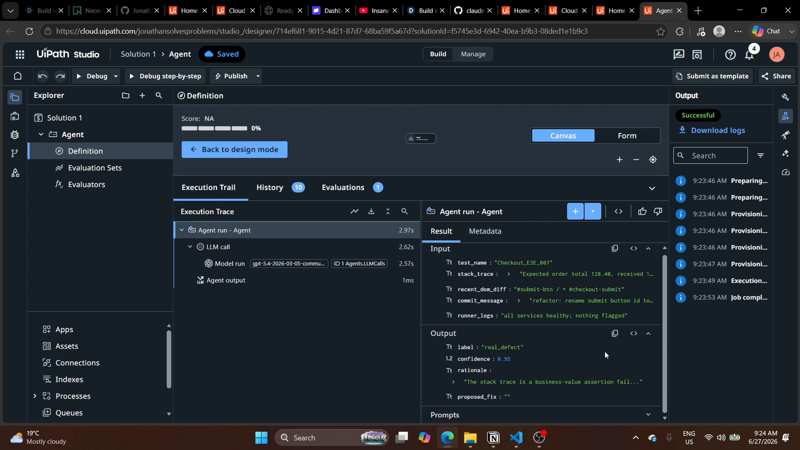 Agent Builder Triage Classifier verdict screen showing label real_defect on Checkout_E2E_007 with 0.95 confidence, the structured output schema fields, and grounded reasoning citing the failing assertion and the recent commit message