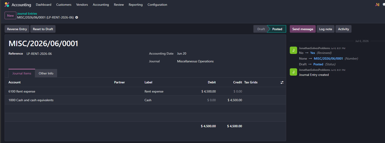 Odoo 19 UI showing the real posted account.move MISC/2026/06/0002 (June utilities, 1,280.00) written by the agent from the Alibaba Cloud ECS instance, with the debit and credit lines and the reference tying it back to the source document