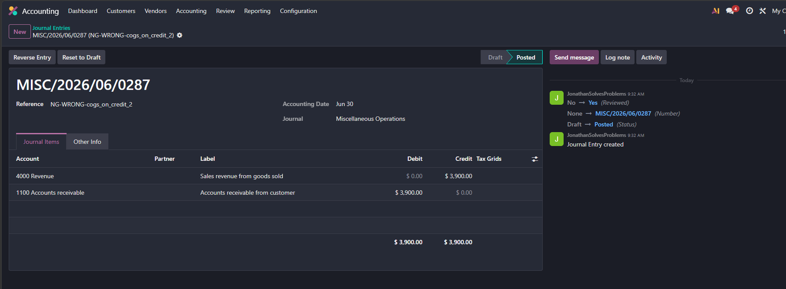 Zoom into one of the wrong entries in Odoo, showing the exact debit and credit lines the model produced (salaries expense debited against accounts receivable credited) with the narration line naming the source document and the correct posting the gate would have enforced