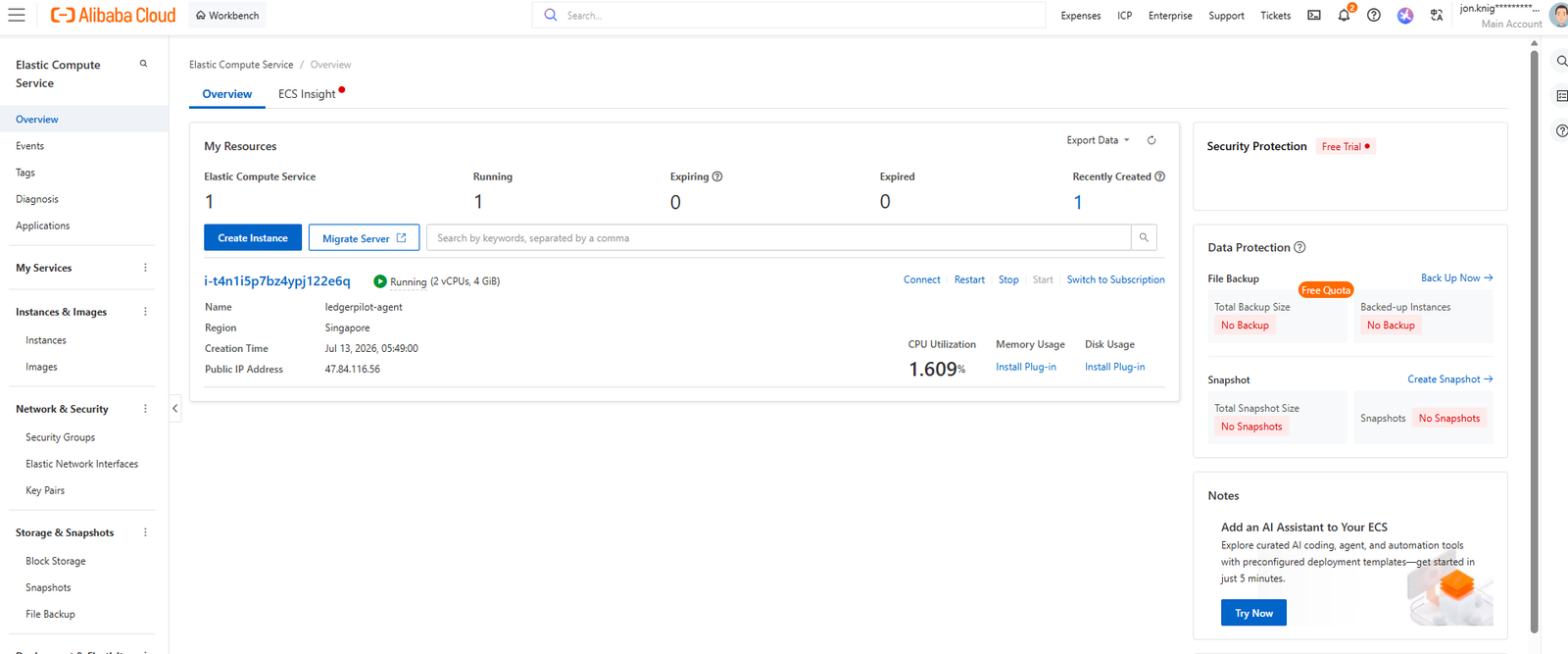 Alibaba Cloud ECS console showing the LedgerPilot instance in Running state with its instance id, type (ecs.t6-c1m2.large), region (ap-southeast-1), and public IP