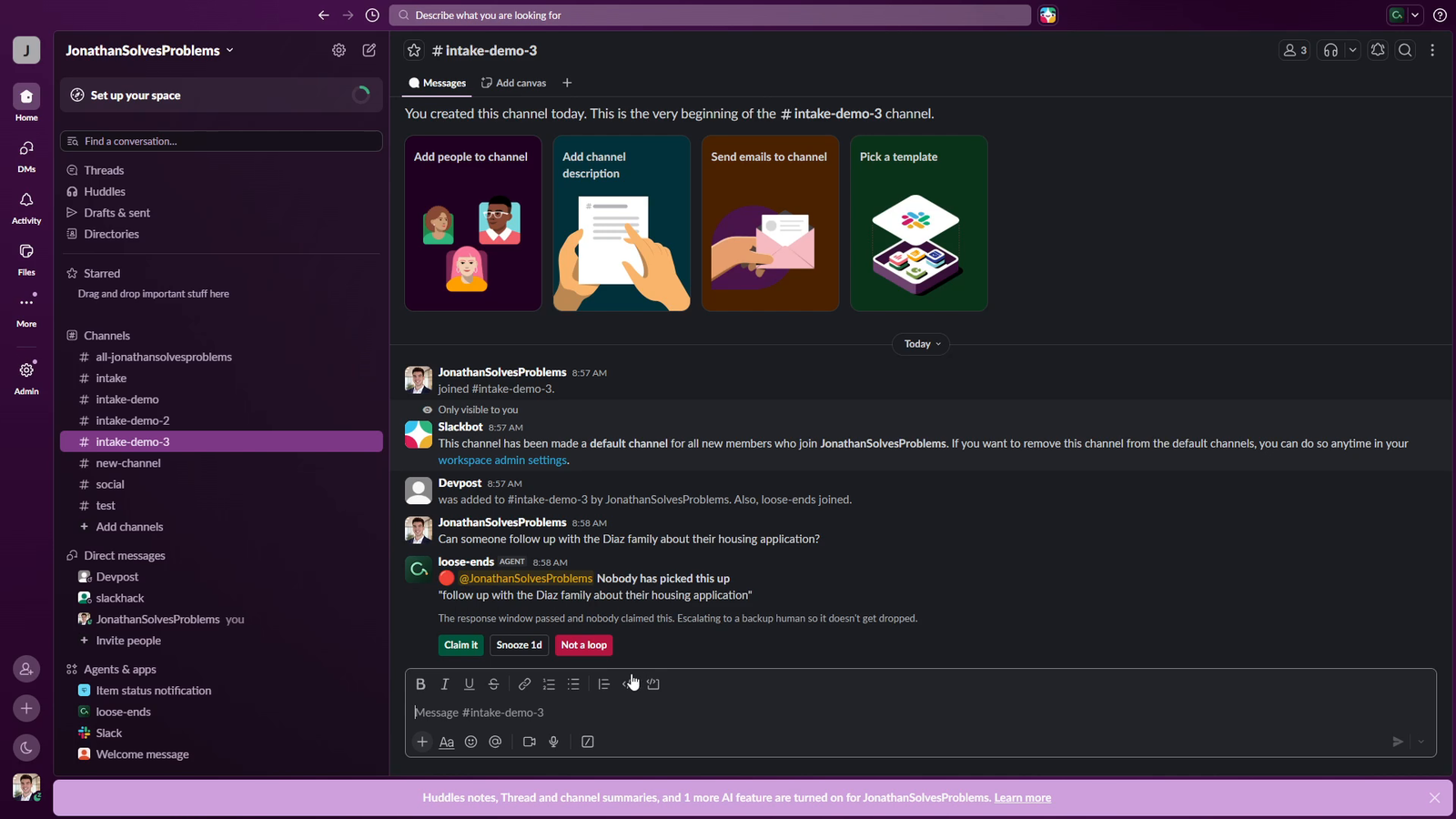 Slack escalation ping to the backup coordinator: 'Nobody has picked this up' with the original ask quoted and the same Claim / Done / Snooze / Dismiss buttons