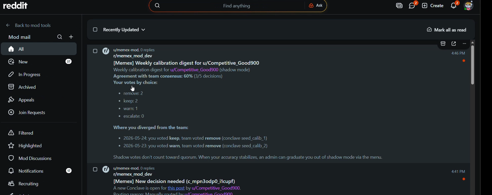 A weekly calibration digest in modmail showing where a new mod diverged from team consensus