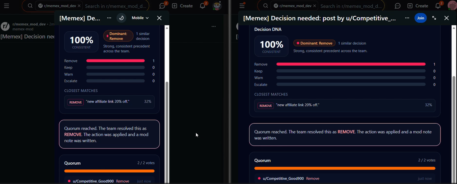 A Memex Conclave decision room showing a crypto-spam post routed for a team vote