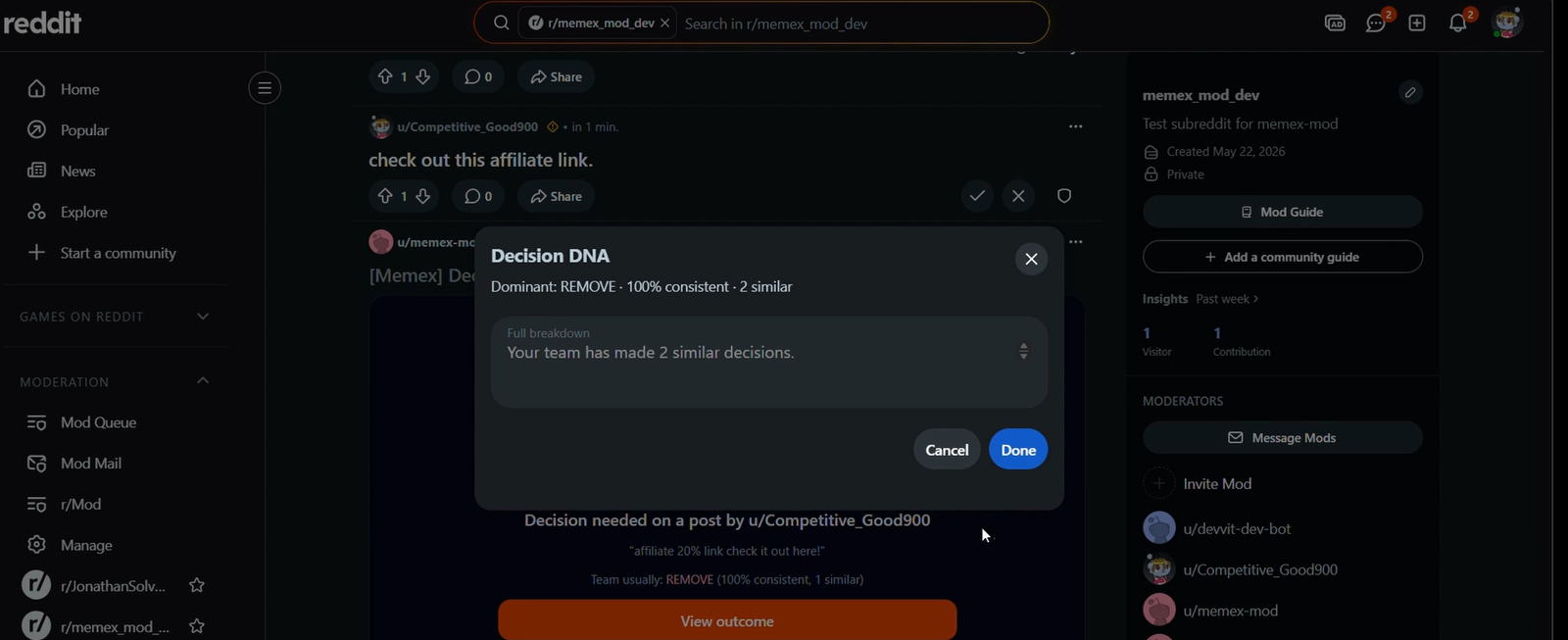 Decision DNA popped up from the mod menu on a native Reddit post, showing a dominant REMOVE outcome