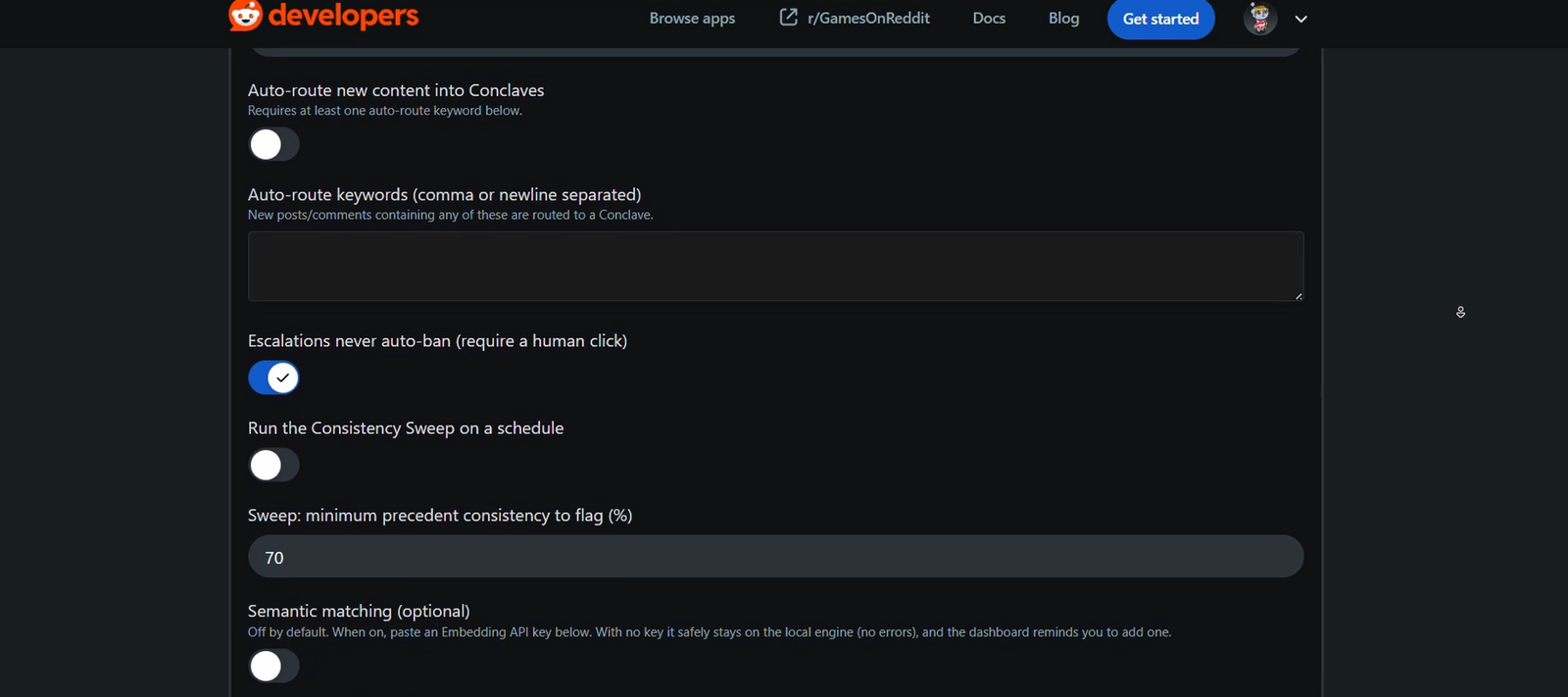 Memex settings: auto-routing, escalations-never-auto-ban, scheduled sweep, and the optional semantic-matching toggle