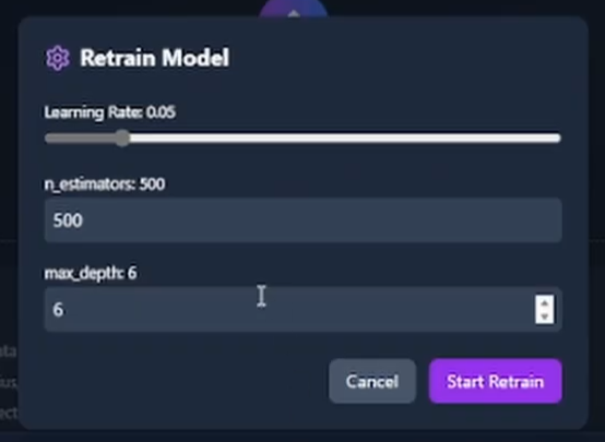 Retrain Model tab letting the user fit a fresh model on uploaded data with adjustable hyperparameters.