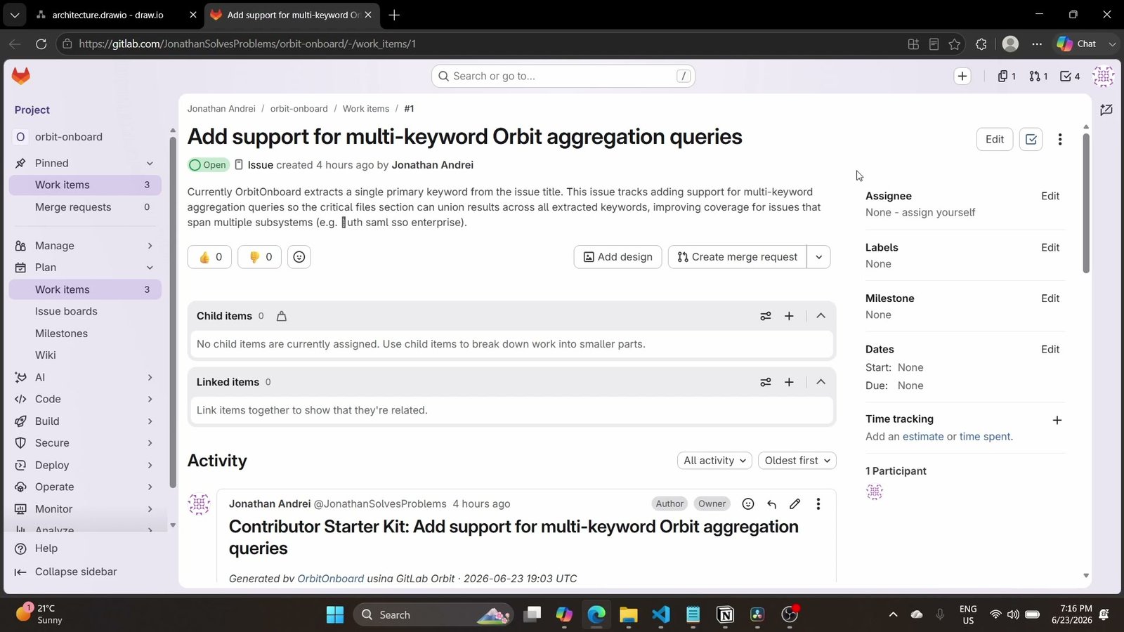 GitLab issue page where OrbitOnboard's starter-kit comment will be posted, showing the title and labels that get fed into Orbit