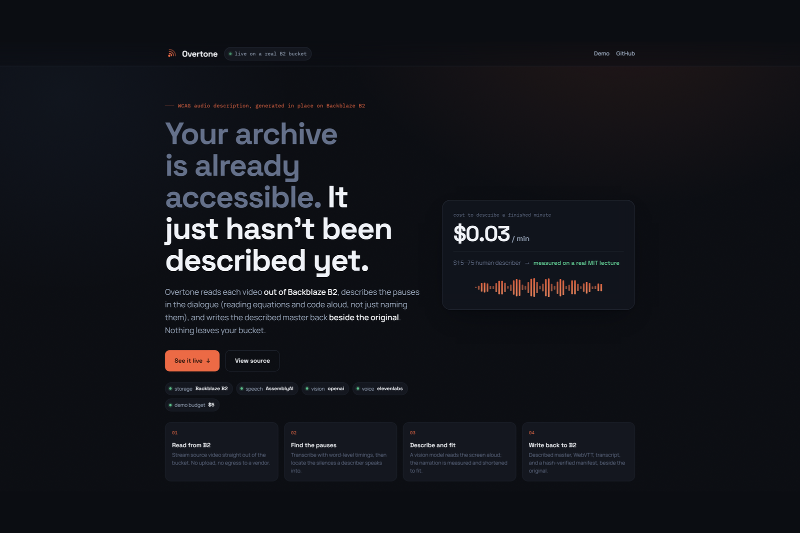 Overtone: WCAG Audio Description for a Whole Video Archive at ~$0.03 a Minute, Generated in Place on Backblaze B2