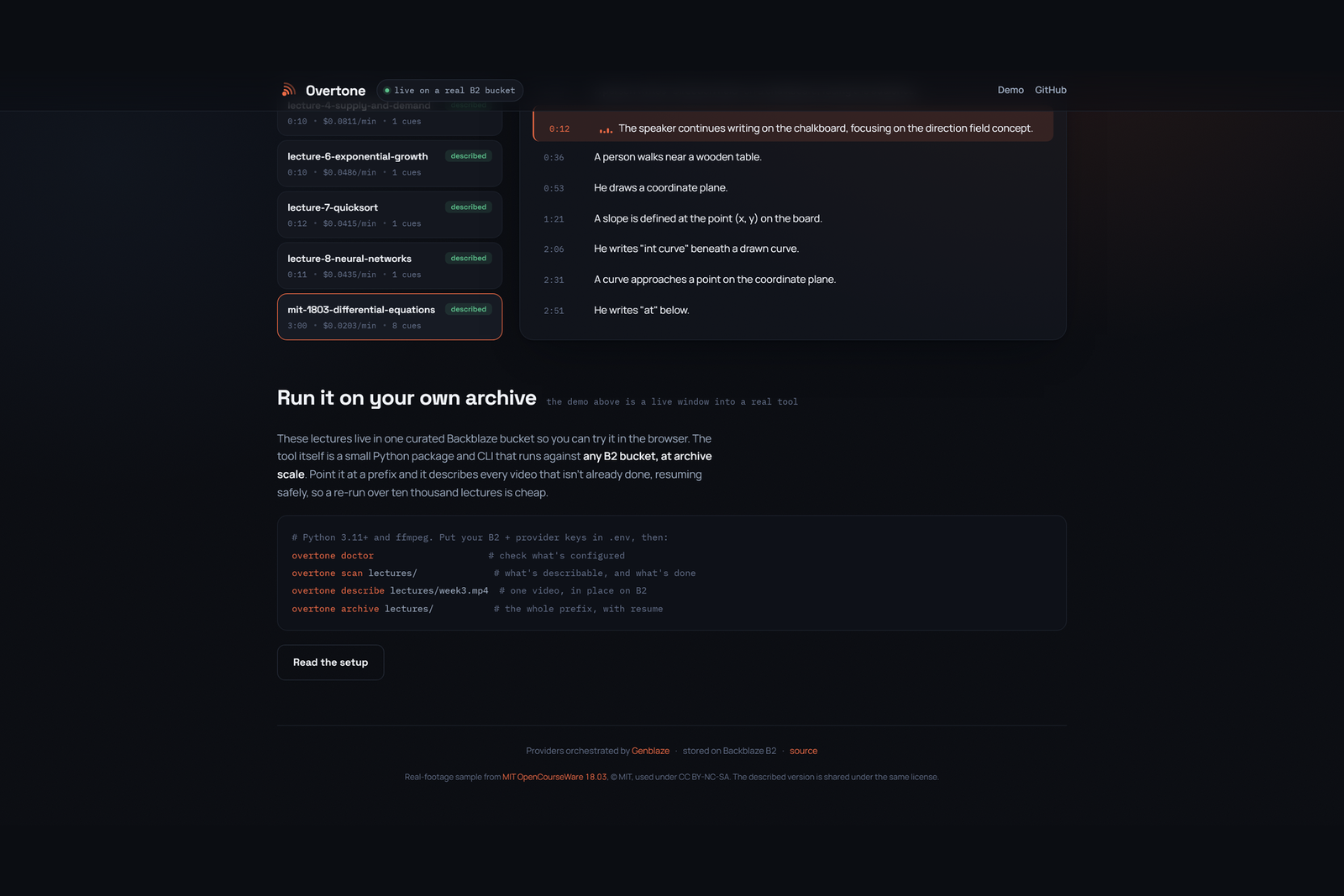CLI running `overtone archive lectures/` against a bucket prefix: a progress table listing 12 videos with columns for status (skipped / describing / done), cost, and manifest hash; three are skipped, one is currently describing, the rest are done