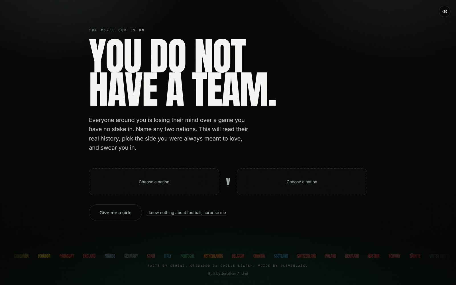 Pick Your Side: I Built a Machine That Manufactures a World Cup Team, Grounded in Real History