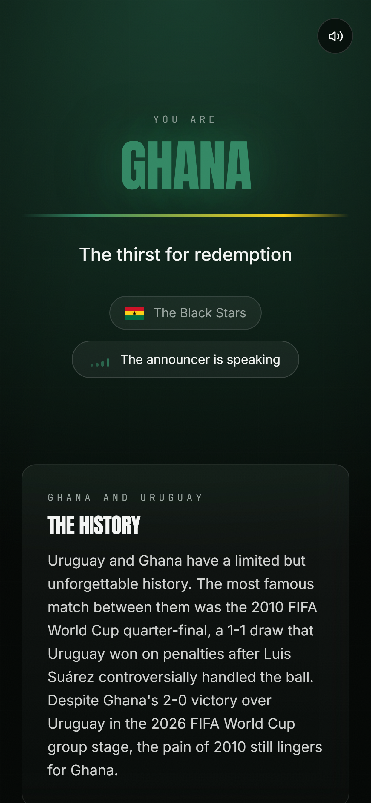Mobile view of the reveal screen: the same eruption moment scaled to a phone, with the announcer control visible at the bottom