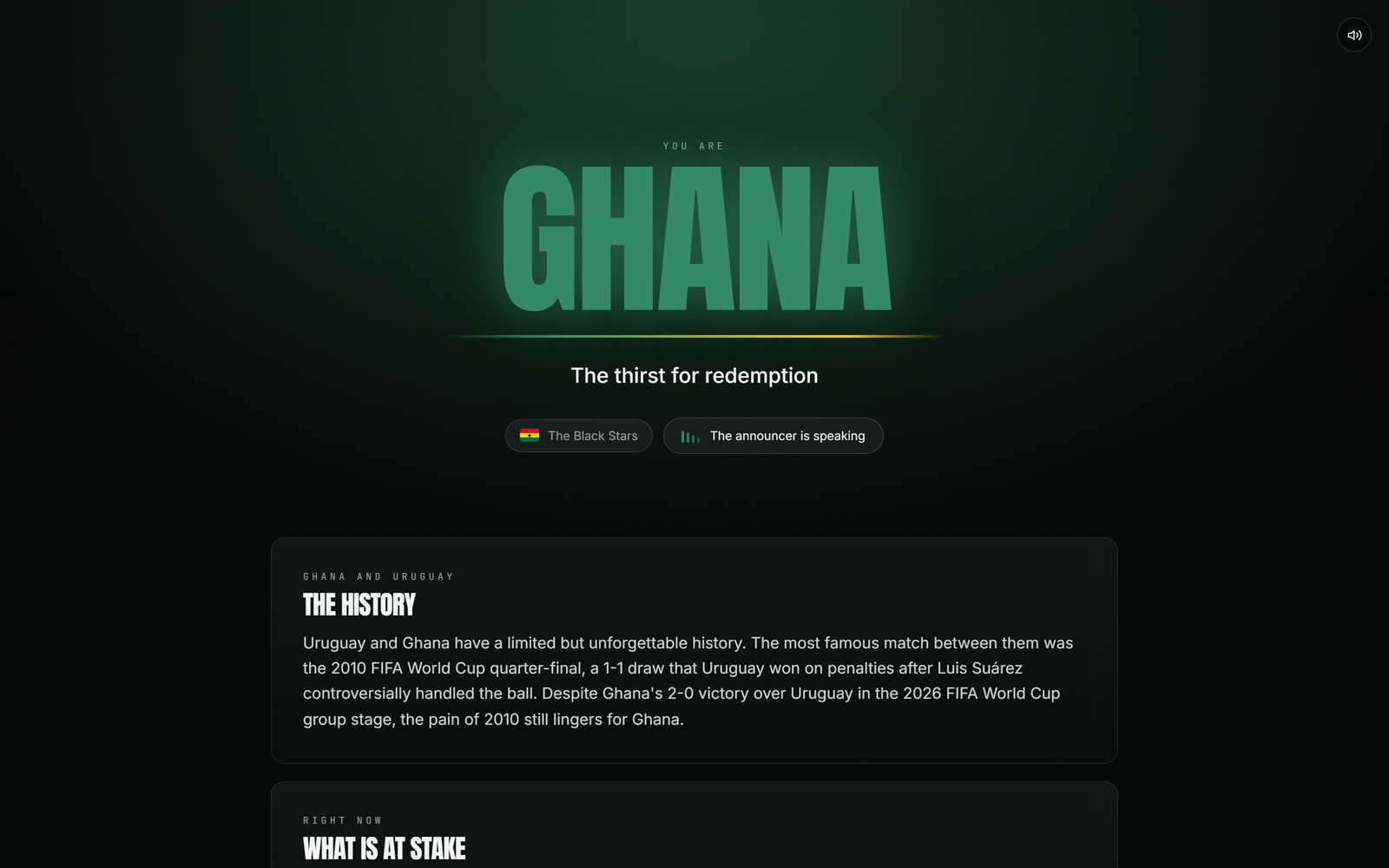 Reveal screen: the nation's name (GHANA) fills the screen in the team's colours while the announcer swears the viewer in and the stadium erupts