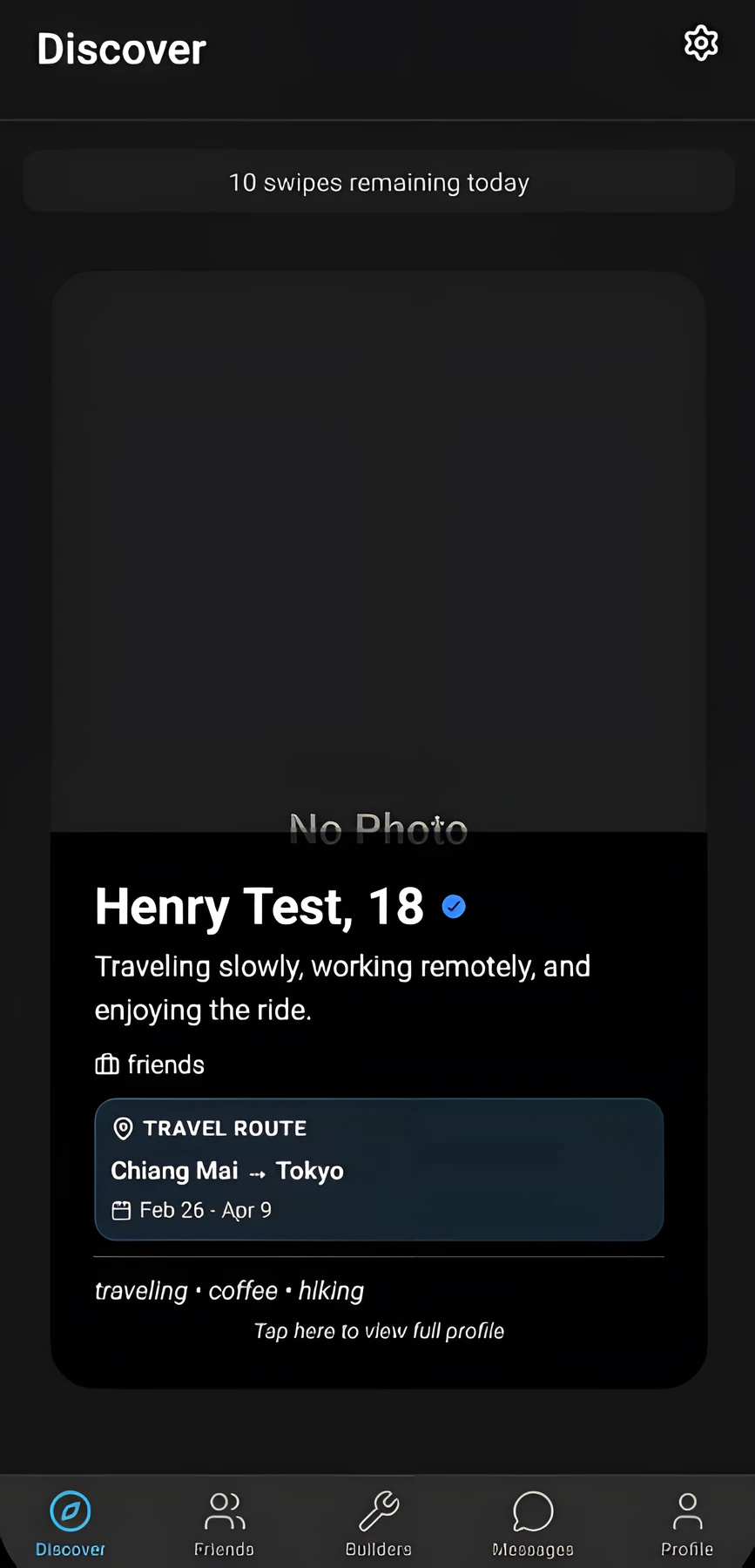 Roamly discovery screen showing a swipe card with a traveller's profile.