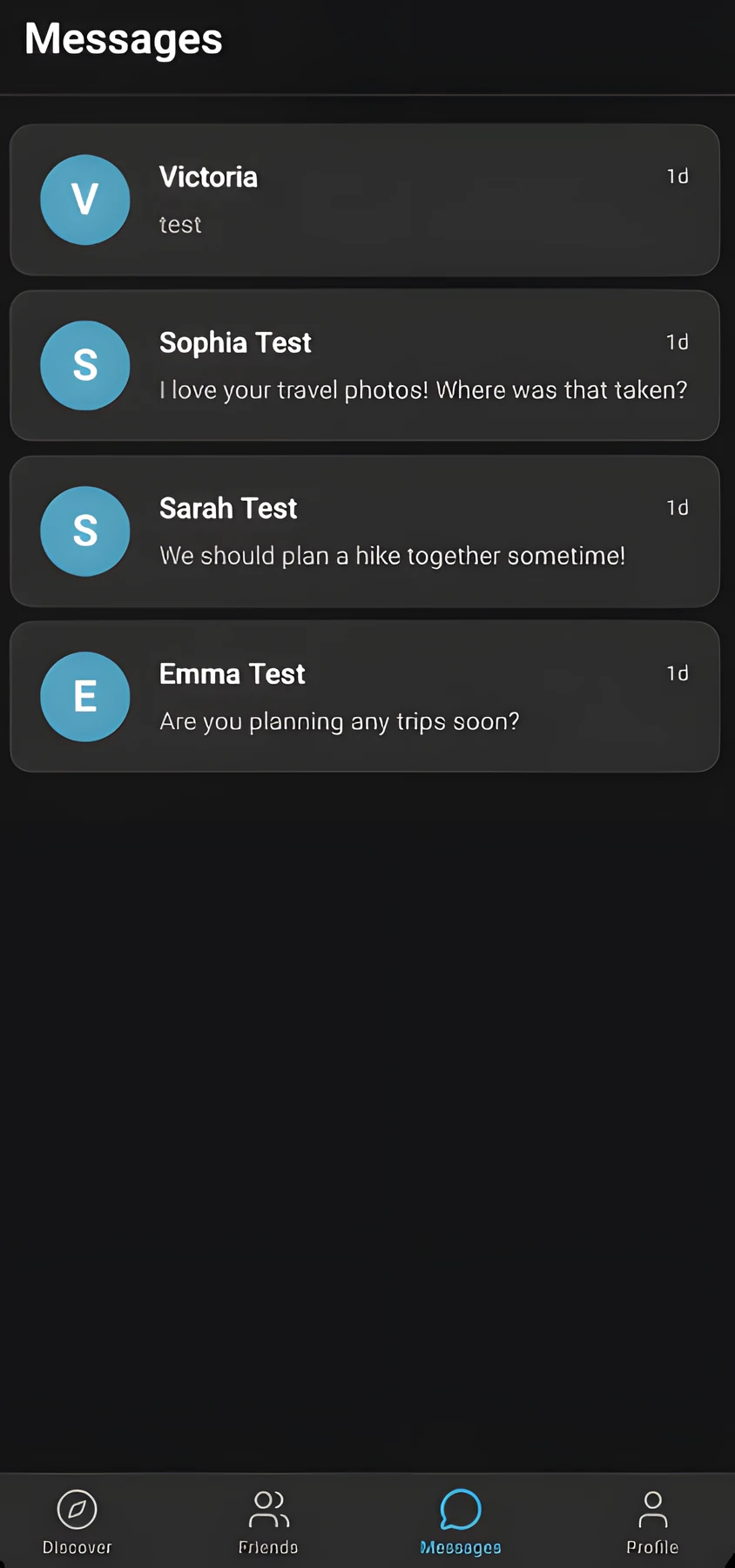Roamly messages screen with real-time conversations.