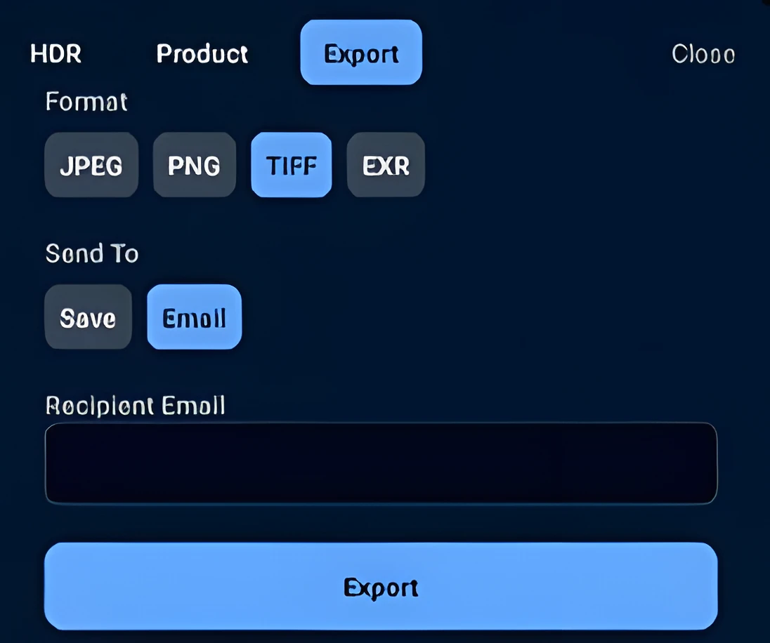 Export screen with format options including JPEG, PNG, TIFF, EXR.