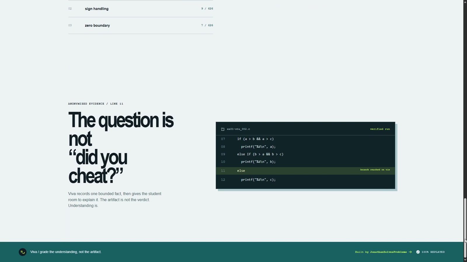 Viva UI reminder tile explicitly saying it does not detect cheating, does not make an authorship claim, only reports demonstrated understanding of the student's own submitted code