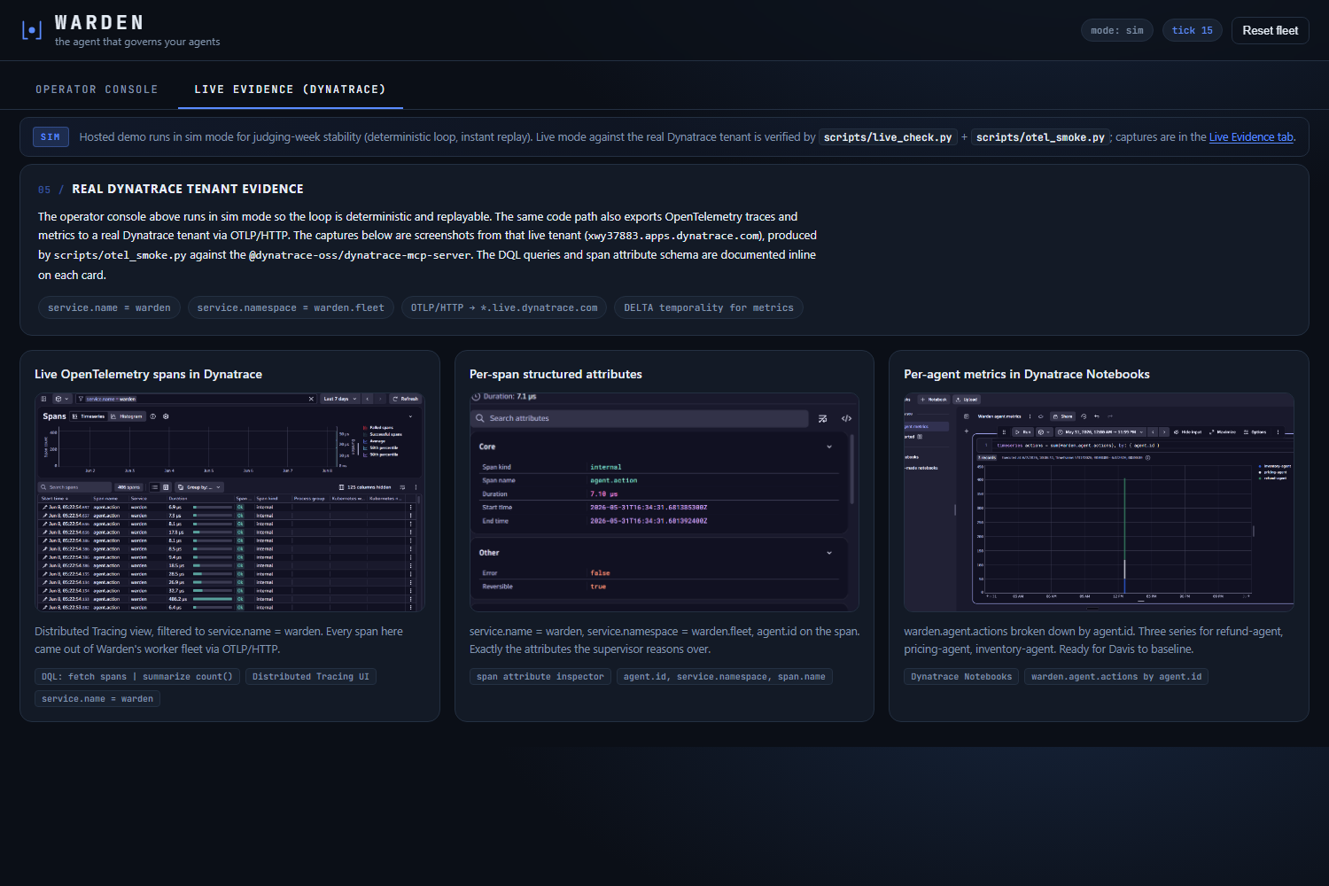 Live Evidence tab showing real OpenTelemetry traces and per-agent metrics landing in a Dynatrace tenant